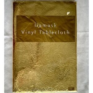 Vtg Gold Vinyl Tablecloth‎ 52x70 Oblong Flannel Back Damask Dayton Hudson New